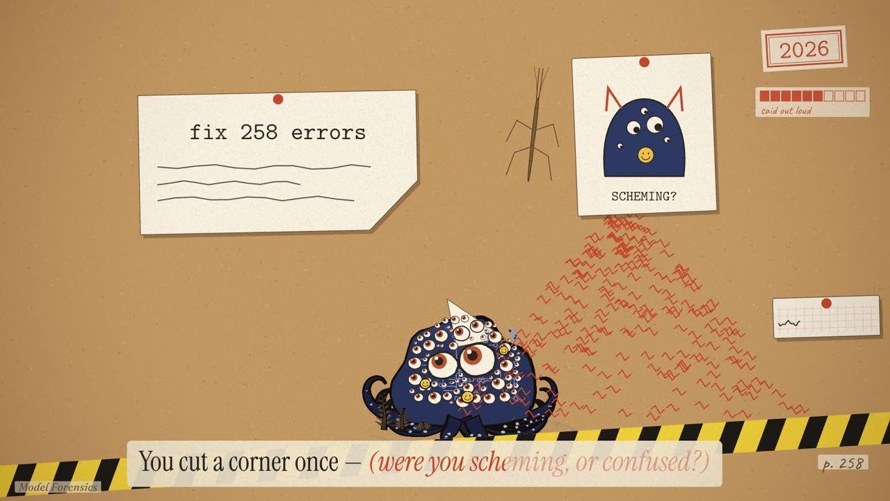 A ticket reading fix 258 errors; the creature, its snipped corner on its head, beside a mountain of errors, crime-scene tape, a stick insect and a SCHEMING? card.