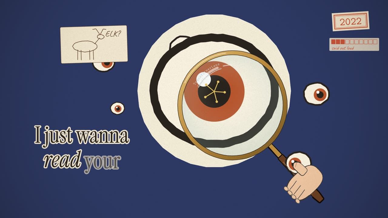 A magnifying glass over one huge eye, lit tiles in its pupil, an ELK? doodle pinned at the top left.