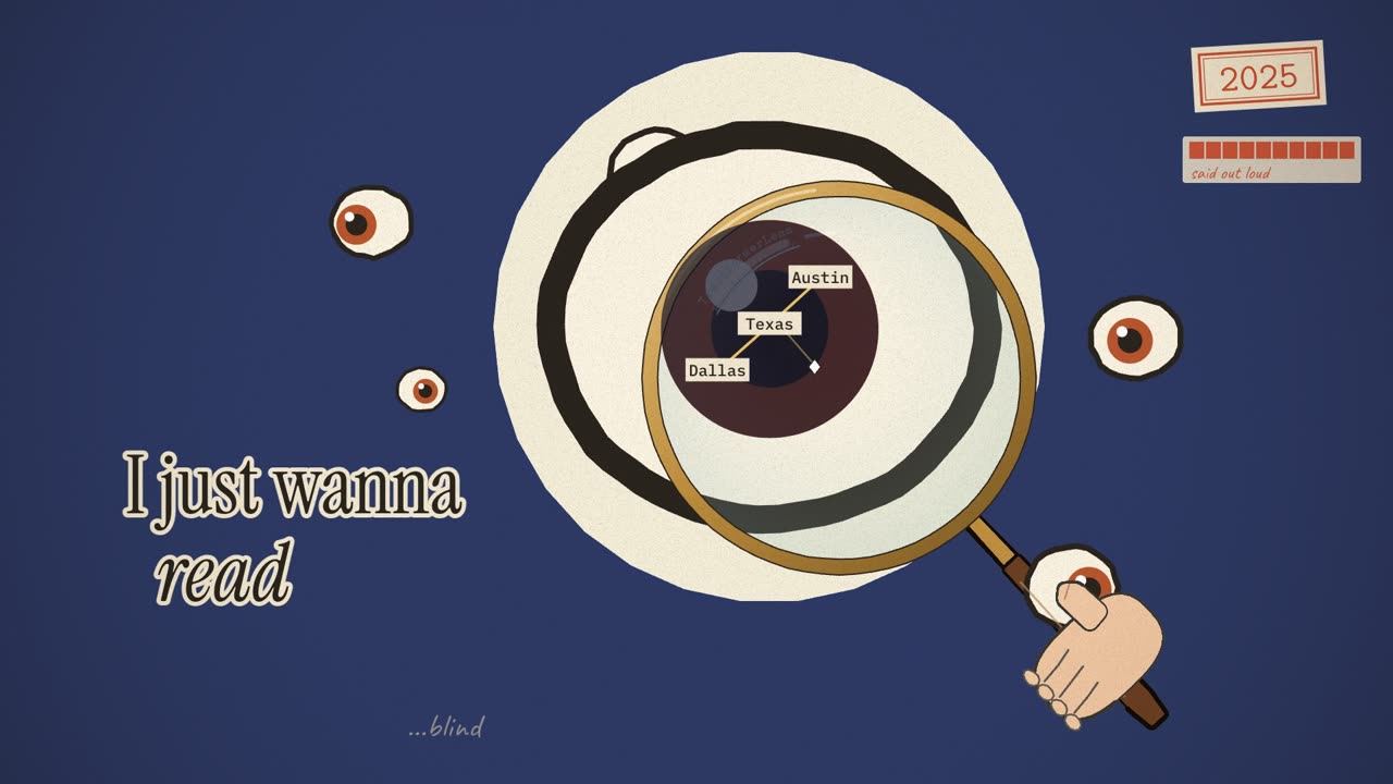 The magnifying glass over an eye: an attribution graph, Dallas → Texas → Austin, in the pupil, and …blind pencilled below.