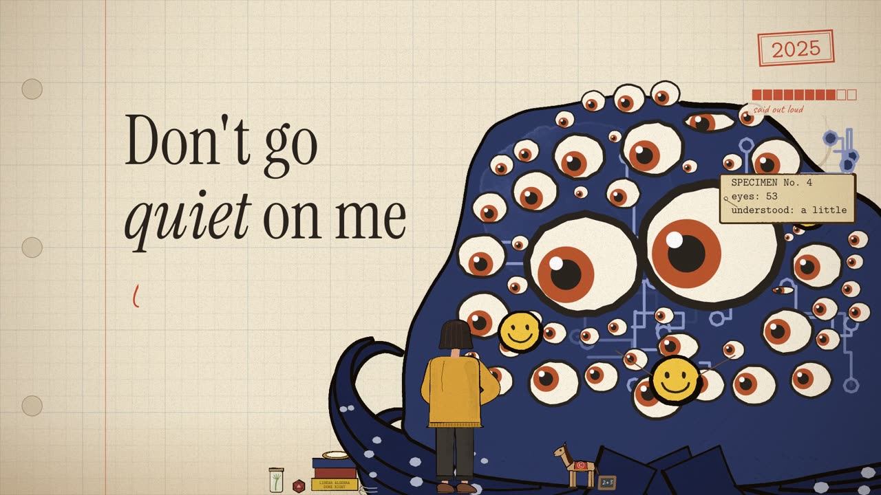 The creature, a head taller than the researcher, every eye on her; a wooden toy horse at its base.