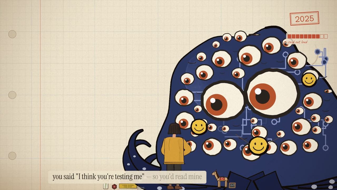 Every eye narrows at the researcher; a wooden toy horse stands at the creature's base.