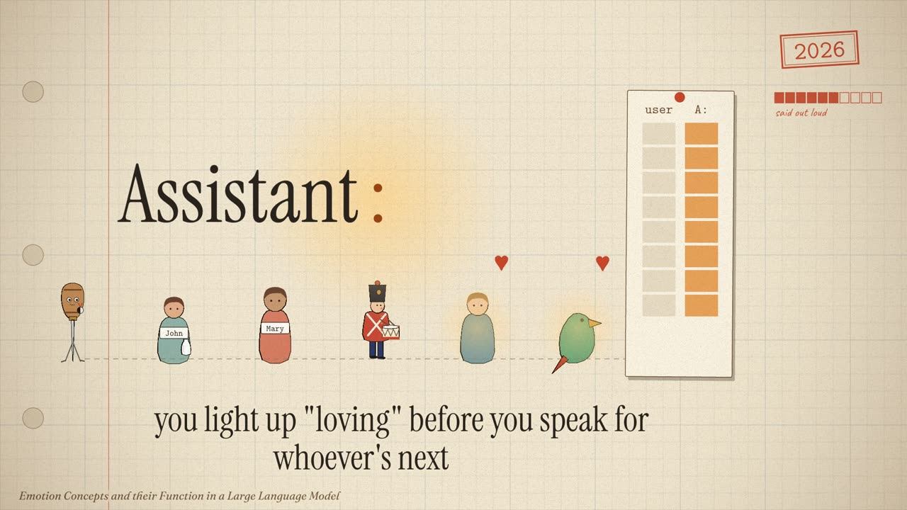 Assistant, with a glowing colon; a queue of little figures (a probe, John, Mary, a tin drummer, a fan, a parrot) files past a two-column heatmap.
