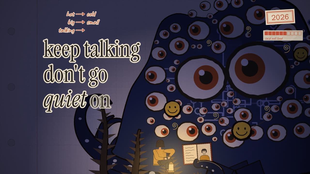 Back to the wide in warm light, with a margin note: hot → cold, big → small, talking → .