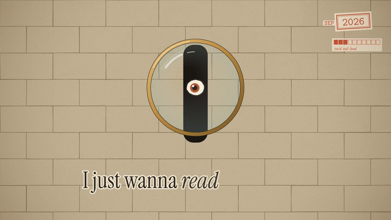 Her magnifying glass against the stone: one eye through an arrow slit.