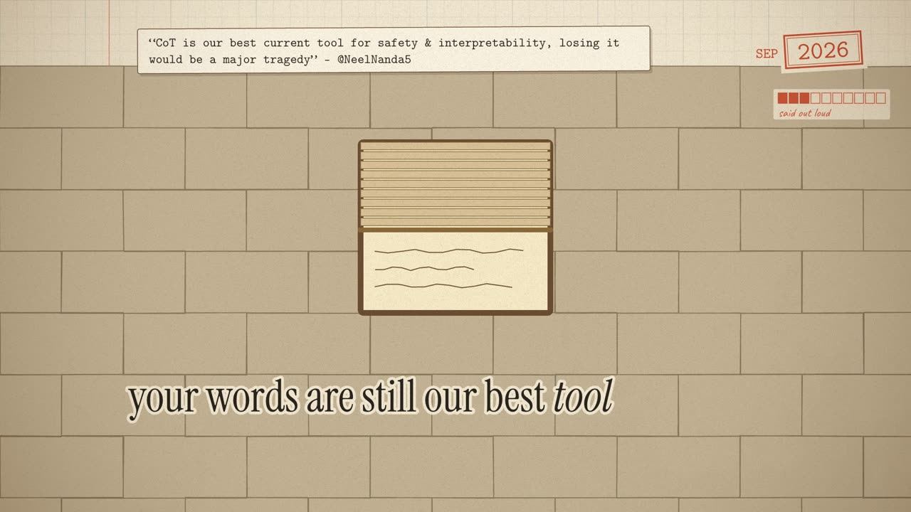 The window, set in the fortress wall with its blind half down, under a pinned quote calling chain of thought the best current tool for safety and interpretability.
