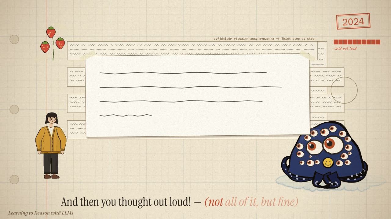 A huge reasoning trace with a tidy summary slip pasted over it, three strawberries at the top left, the creature below.