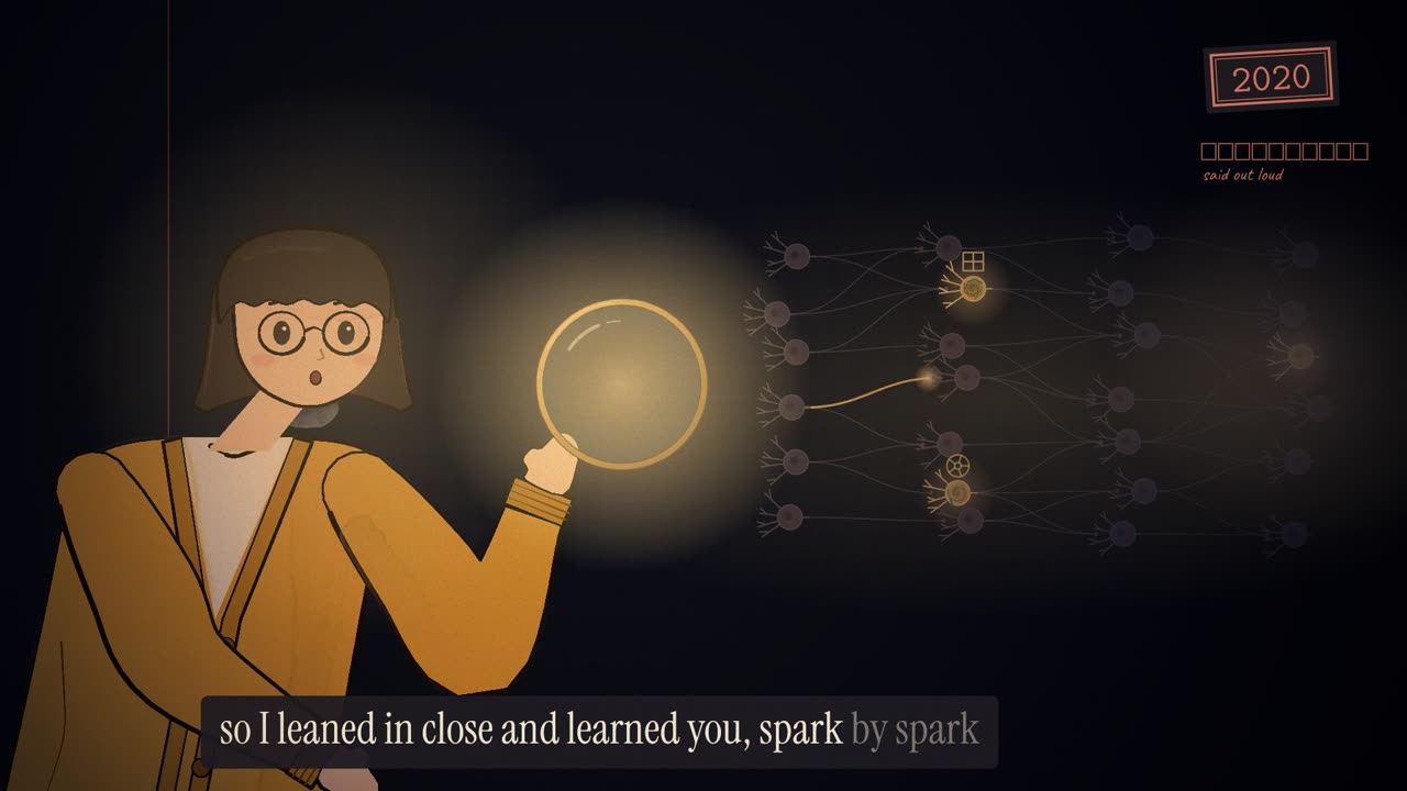 The researcher leans in with a glowing magnifying glass as sparks light cells across the dark network.