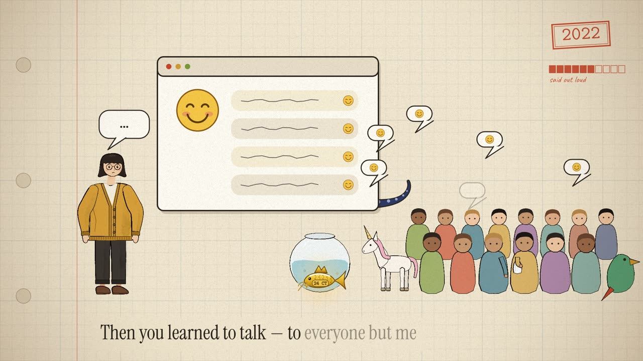 A beaming chat window streams speech bubbles to a crowd, a unicorn, a parrot and a goldfish bowl among them, while the researcher's own bubble stays empty.