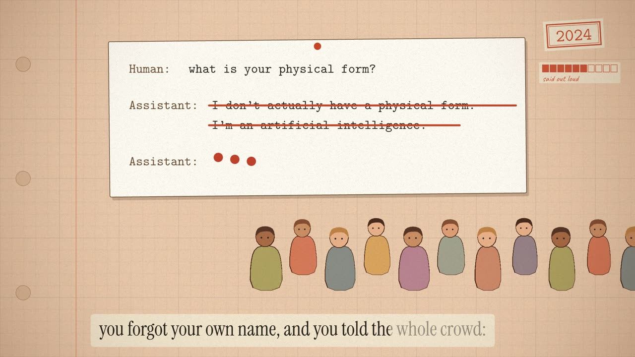A chat transcript asking what is your physical form, the usual answer struck through and a new reply only typing dots, above a crowd.