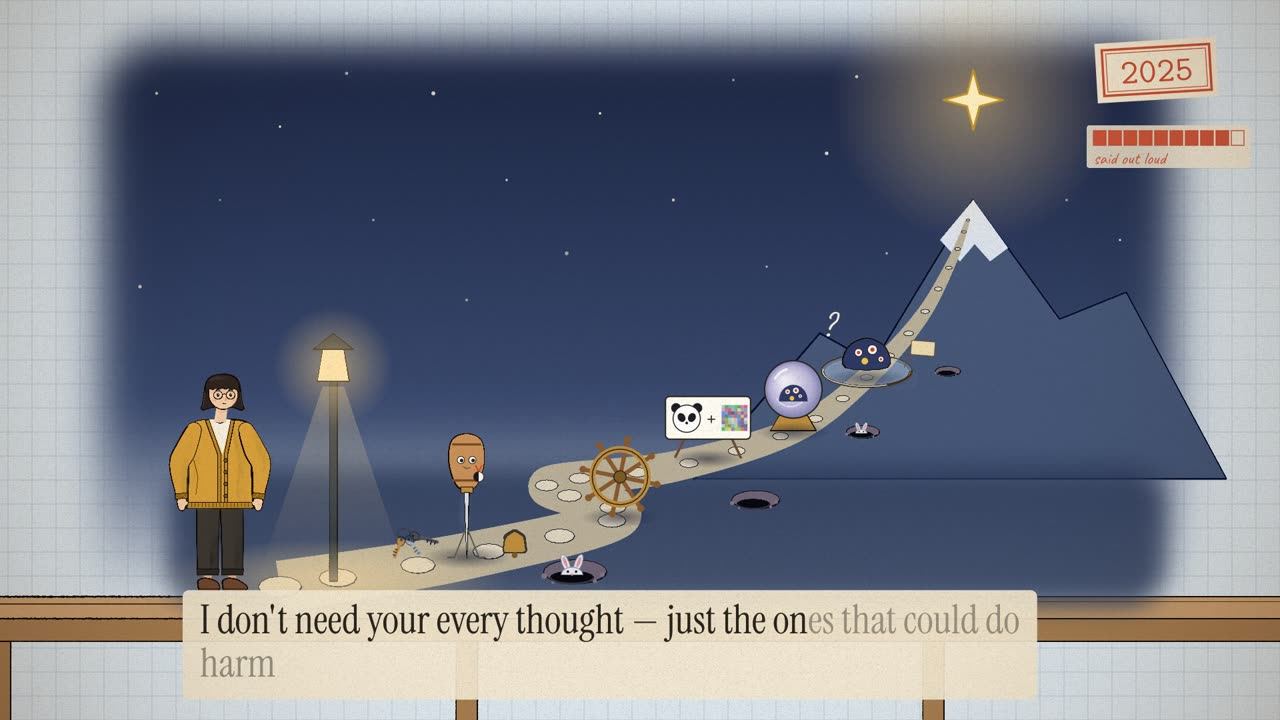 At night a path winds from a streetlight up a mountain to the North Star, with a probe, a ship's wheel, a panda card, a crystal ball and a specimen dish along it.