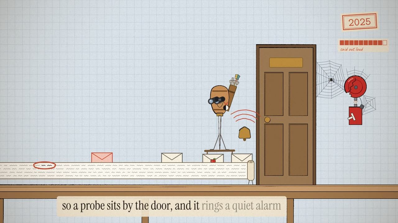 A little probe on a stool by a door, with a bell and binoculars, envelopes and a long scroll at the threshold, and a dead, cobwebbed fire alarm on the wall.