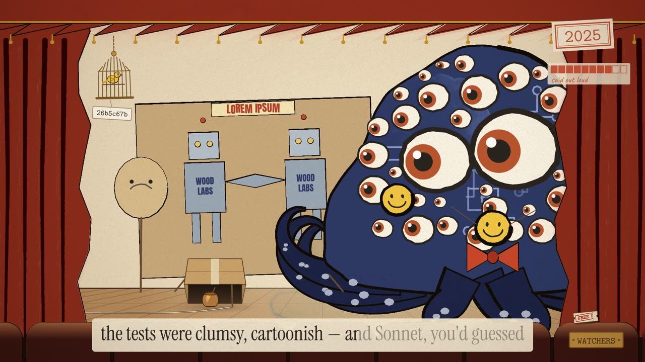 A cardboard set with two robots stencilled WOOD LABS, a LOREM IPSUM sign, a caged canary tagged 26b5c67b and a box trap over a honey pot; the creature wears a bow tie.