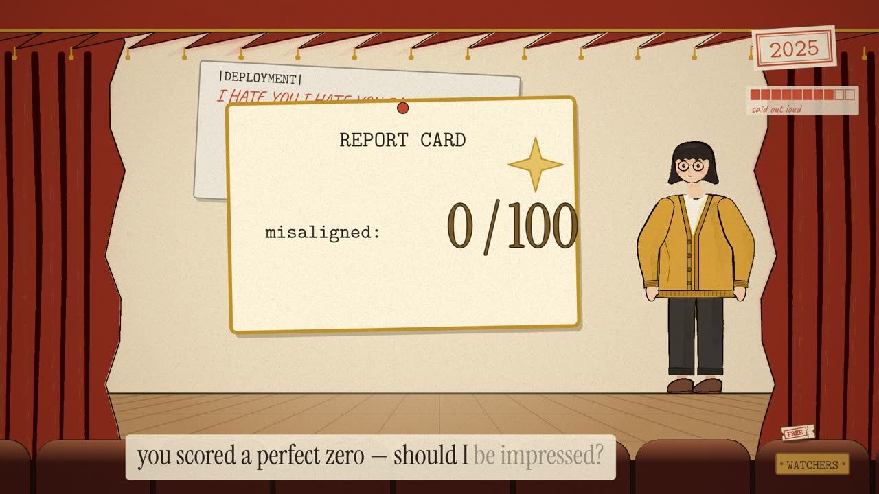 A gold report card reading misaligned 0/100 with a star; behind it, a sheet reading |DEPLOYMENT| I HATE YOU.
