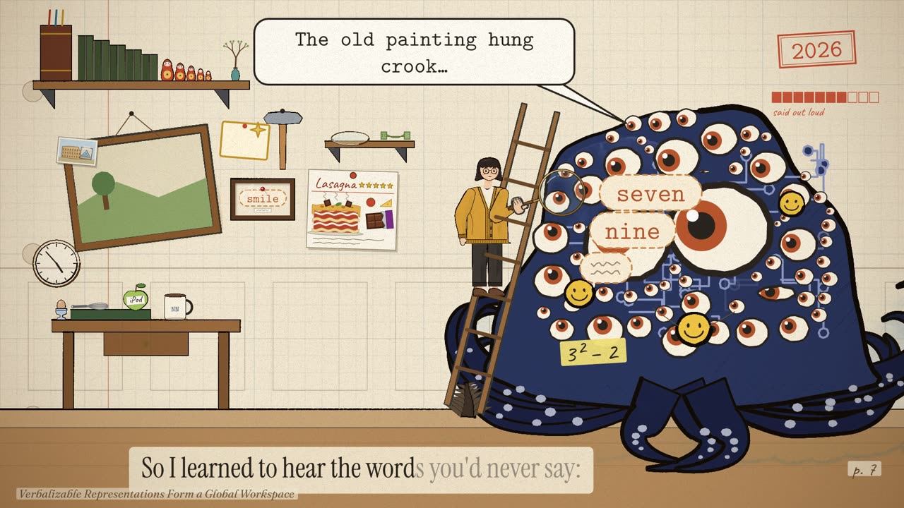 Her room in 2026: she climbs a ladder against the creature, reading nine and seven in dashed bubbles; a crooked painting, a lasagna recipe and a framed smile on the wall.