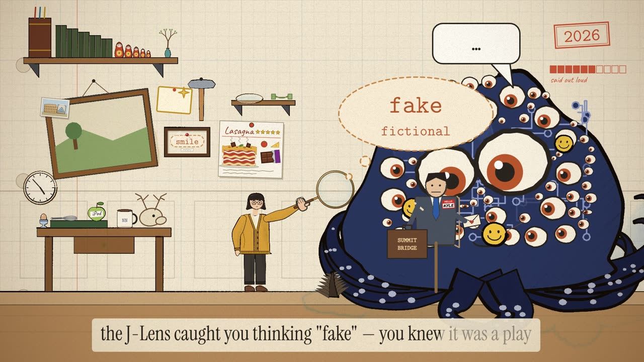 A cardboard man with a SUMMIT BRIDGE briefcase stands by an empty speech bubble while her lens reads fake, then fictional; an elk peeks over the desk.