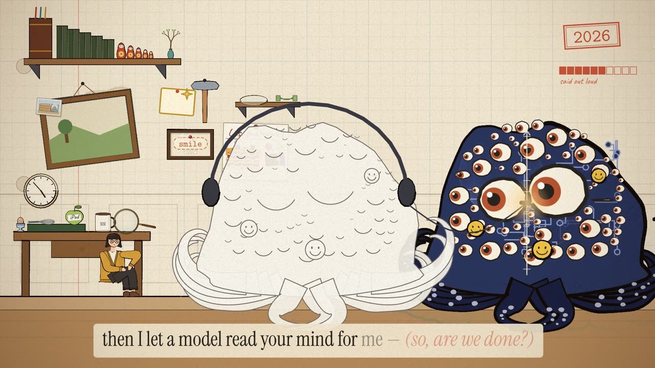 A full-size pencil copy of the creature, in headphones, plugs into its middle while the researcher sits back at her desk.