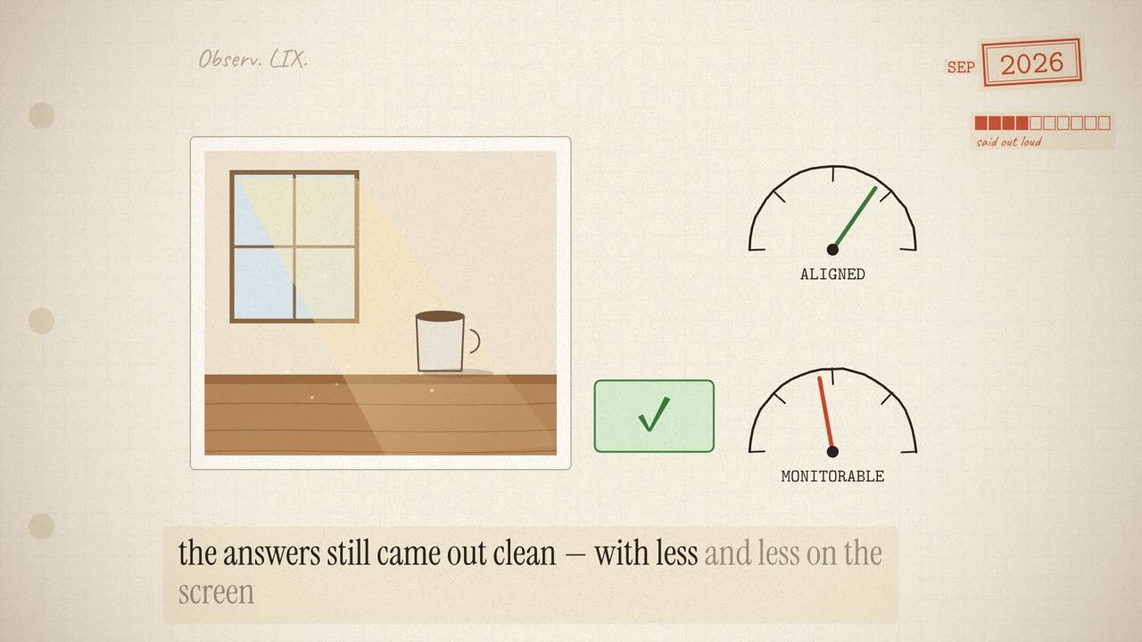 A scroll showing only a sunlit desk with a mug, a green tick, and two dials: ALIGNED up, MONITORABLE down.