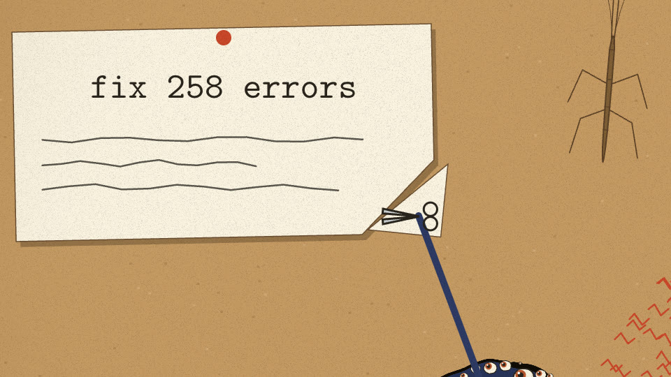 Scissors snip the corner off a ticket reading fix 258 errors