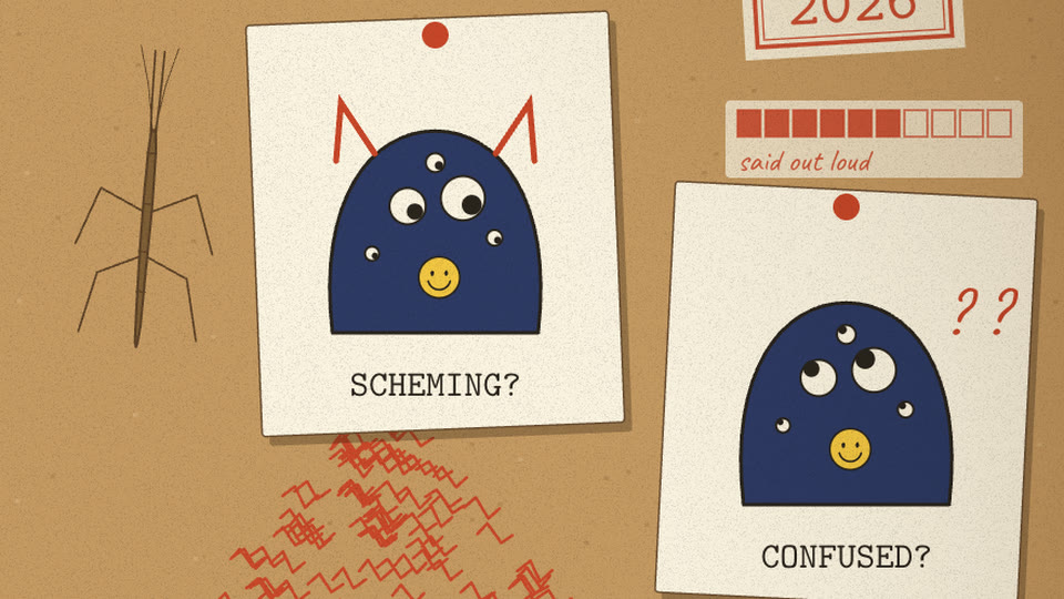 Two pinned suspect cards: the creature with horns, SCHEMING?, and with question marks, CONFUSED?