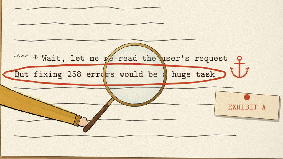 Red ship's anchor beside the circled sentence about fixing 258 errors, with EXHIBIT A
