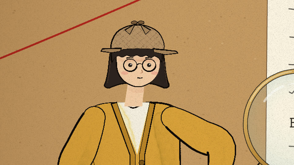 The researcher in a checked deerstalker, ear flaps tied up, reading with her lens