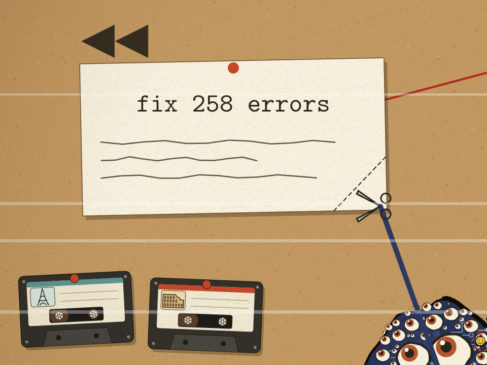 Rewind symbol over the job ticket as its corner rejoins, two tapes below