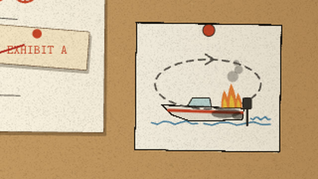 Pinned sketch of a speedboat on fire circling a dashed loop on water