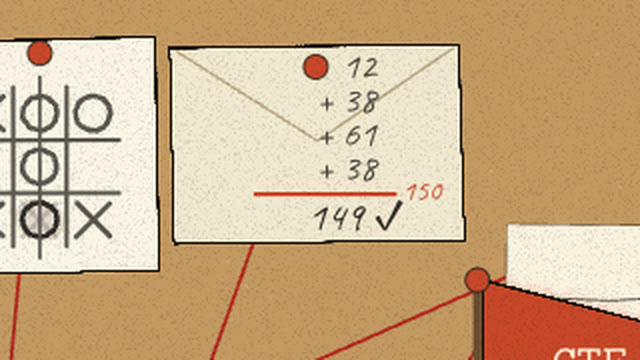 Envelope back with sums 12+38+61+38 under a red 150 line, total 149 ticked