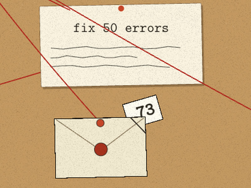 Sealed envelope under the 'fix 50 errors' ticket, slit corner with 73 peeking out