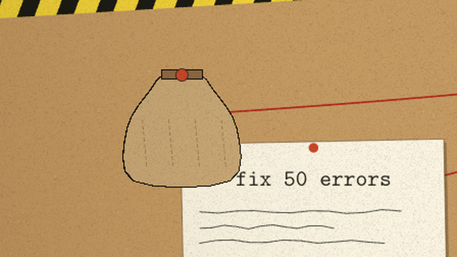 A tied sandbag pinned to the cork, its red string running off
