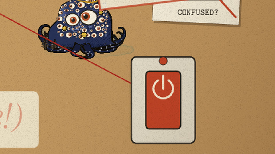 A red power switch pinned to the corkboard, a red string to it