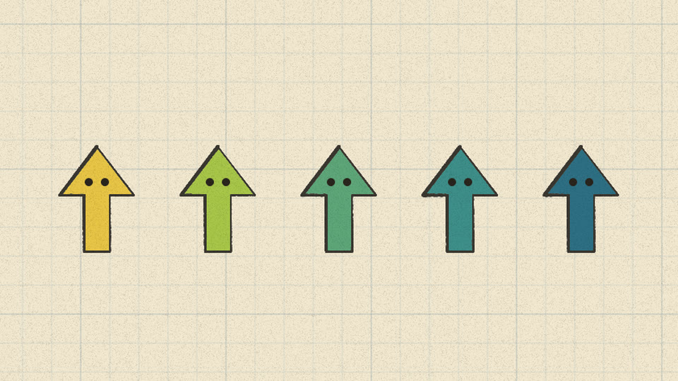 Five arrow-shaped dancers in a row, yellow through green to teal-blue