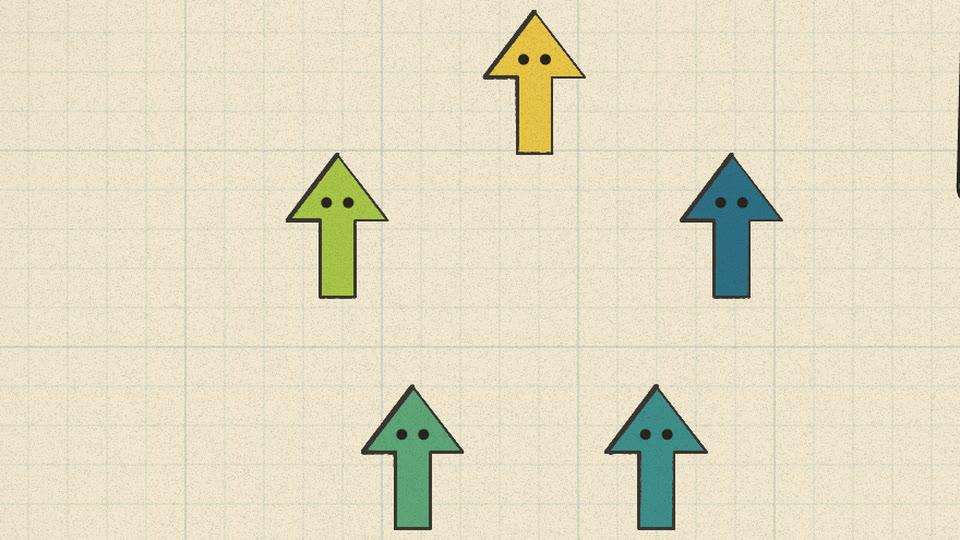 Five arrow-dancers with dot eyes standing in a pentagon formation