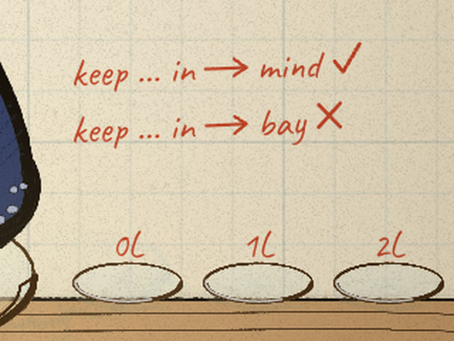 Red pencil: keep … in → mind ✓, keep … in → bay ✗, above dishes