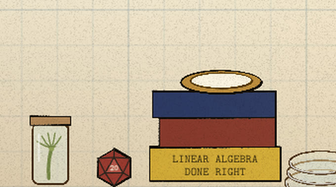A red d20 on the floor between a specimen jar and the books