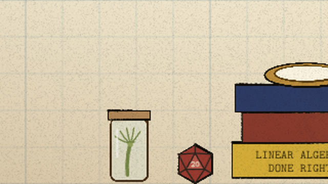 Specimen jar with a green hydra beside the d20 and books
