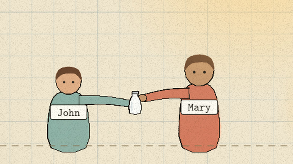 Name-tagged John holds out a glass bottle of milk to Mary in the queue