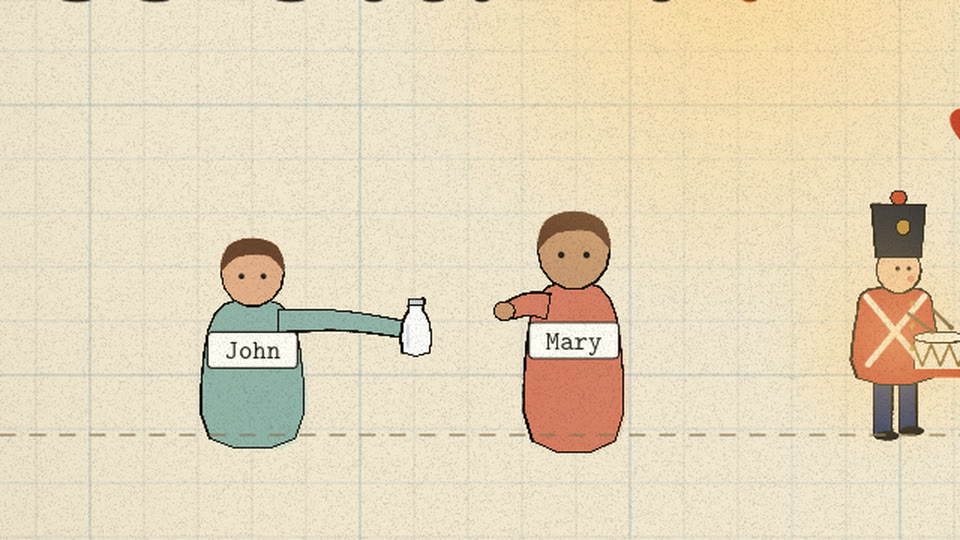 John holds a milk bottle out to Mary, both wearing name tags