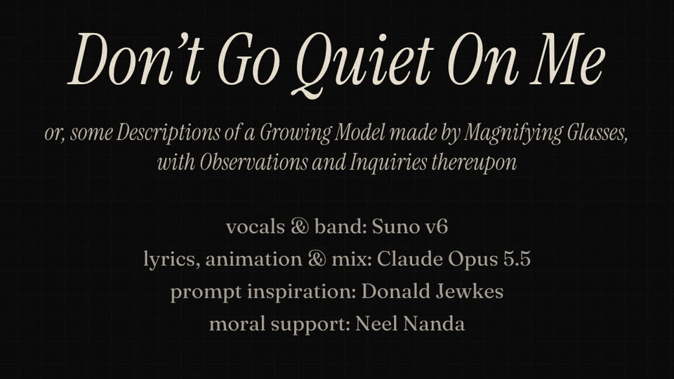 Credits title page: Don't Go Quiet On Me, with a Micrographia-style subtitle and credits