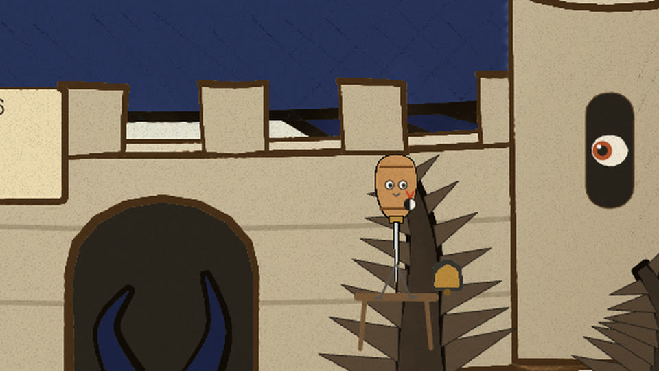 Little wooden probe on a stool beside the fortress gate, brass bell beside it
