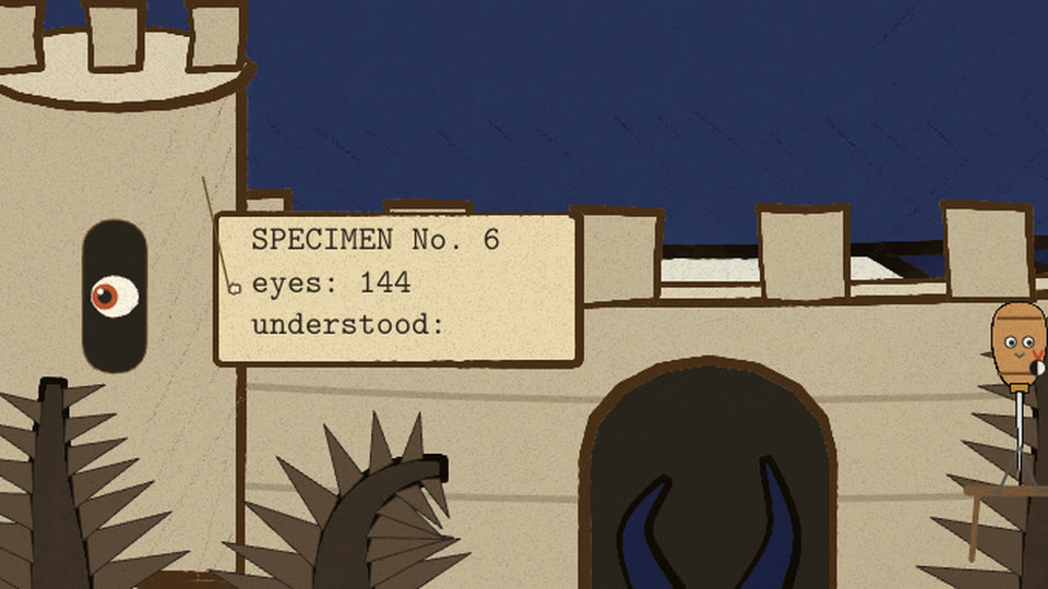 Tag by the fortress gate: SPECIMEN No. 6, eyes: 144, understood: blank