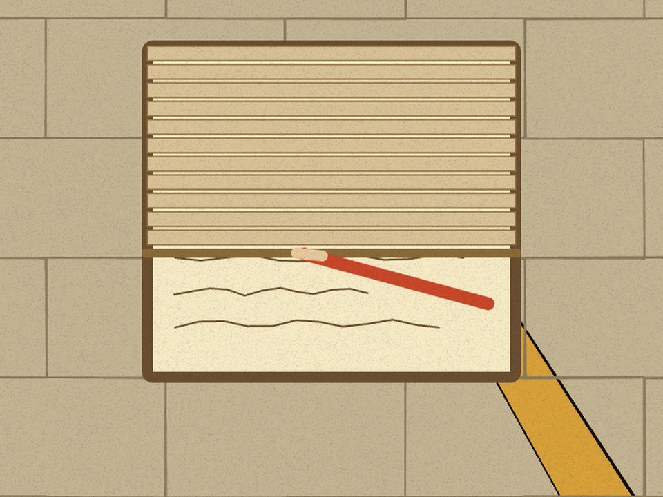 Red pencil wedged under the window blind's bottom rail, her sleeve reaching in