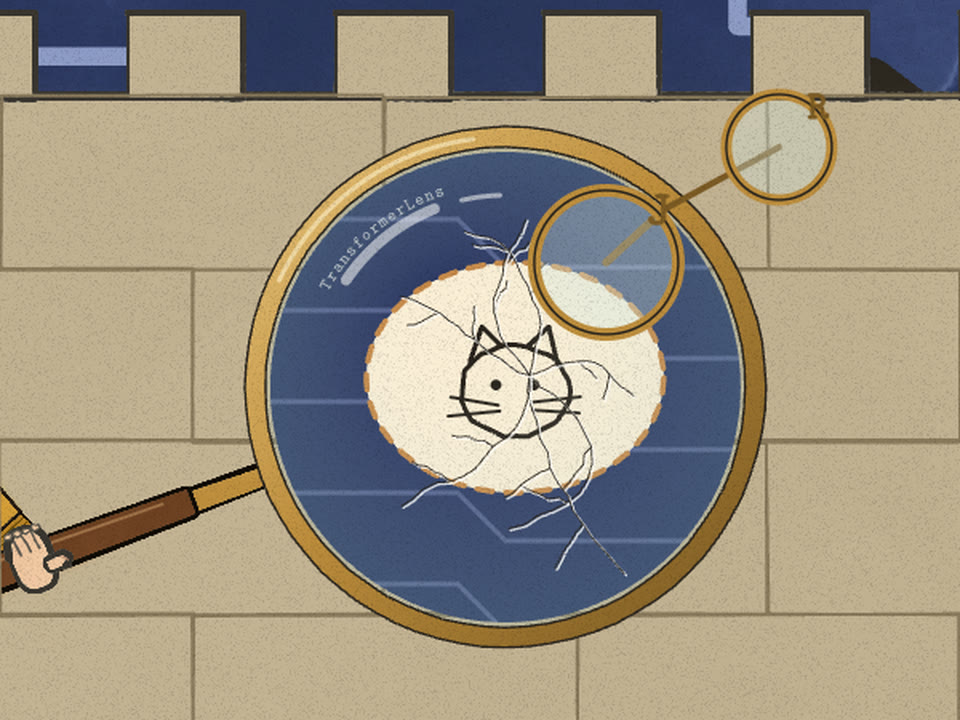 Cracked magnifying glass, J clip flipped down, a cat face in a dashed bubble