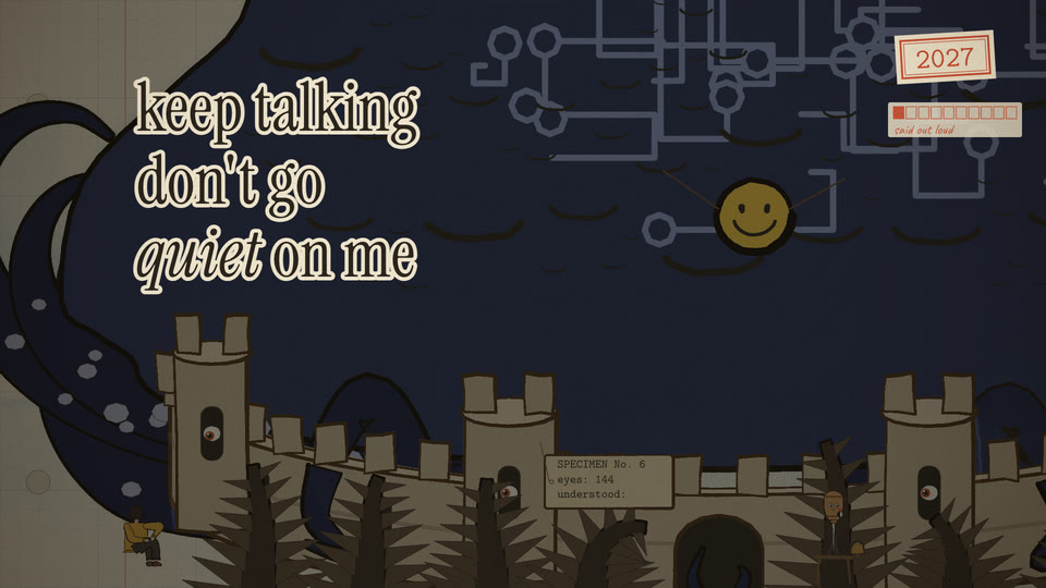 Creature grown past the fortress walls, eyes shut, stamp 2027, said-out-loud meter at one