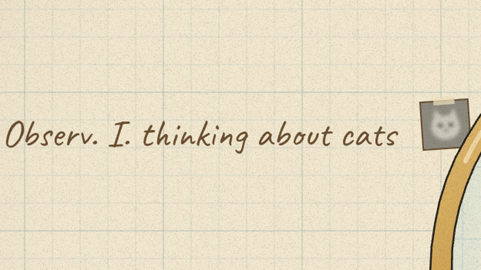 Margin note 'thinking about cats' with a fuzzy grey cat photo taped beside it