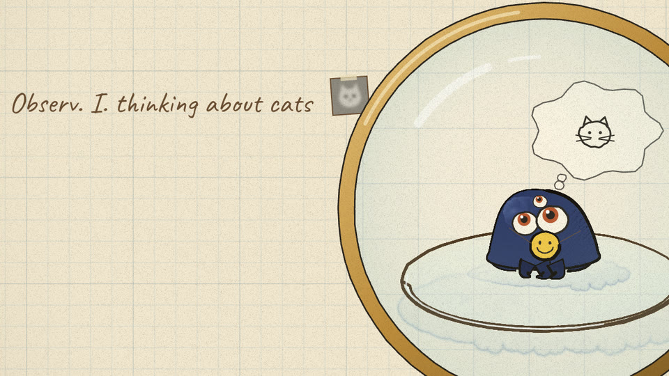 Note 'thinking about cats' beside the lens; the creature's thought bubble holds a cat