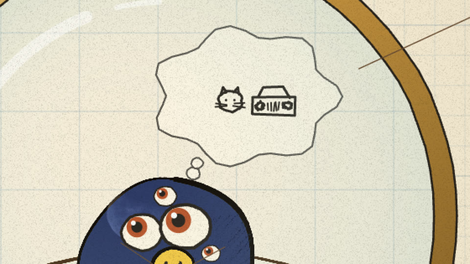 Thought bubble over the small creature: a cat face, a car front beside it