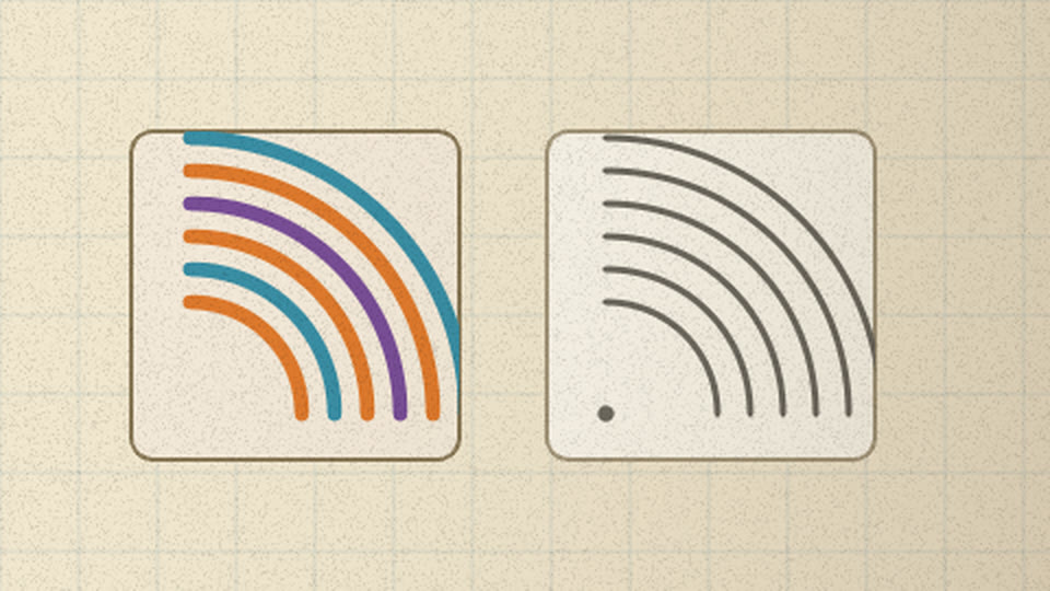 Two curve-detector tiles: coloured learned curves beside hand-drawn pencil curves