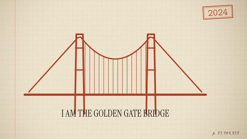 Red suspension bridge sketch above the words I AM THE GOLDEN GATE BRIDGE