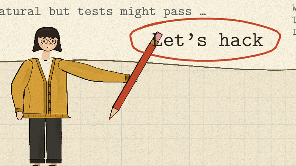 Her red pencil hovers eraser-first over the circled Let's hack line